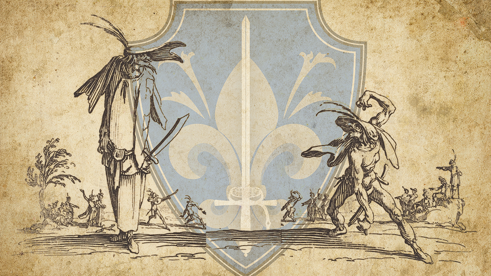 Image of Gian Fritello and Ciurlo superimposed over the Boston Academie d'Armes fencing logo