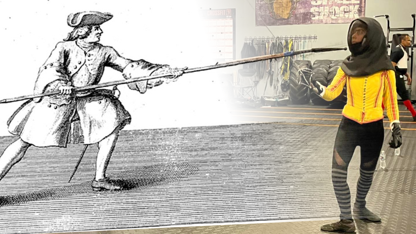 Composite Image, blending Girdard's spear photo with a HEMA rapier fencer parrying it