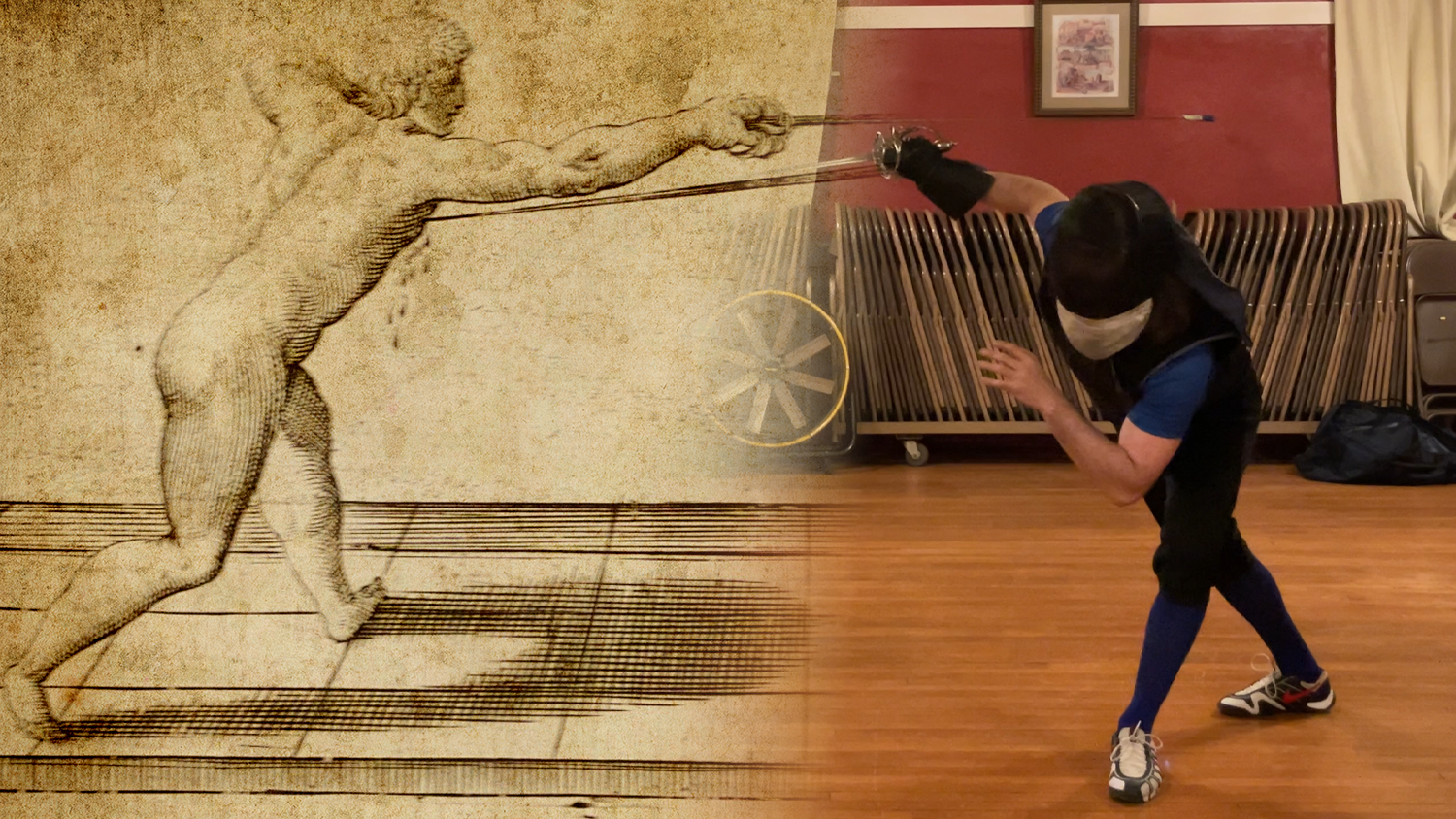 Image that combines a historical fencer performing the passata sotto with a plate from Fabris's rapier manual.