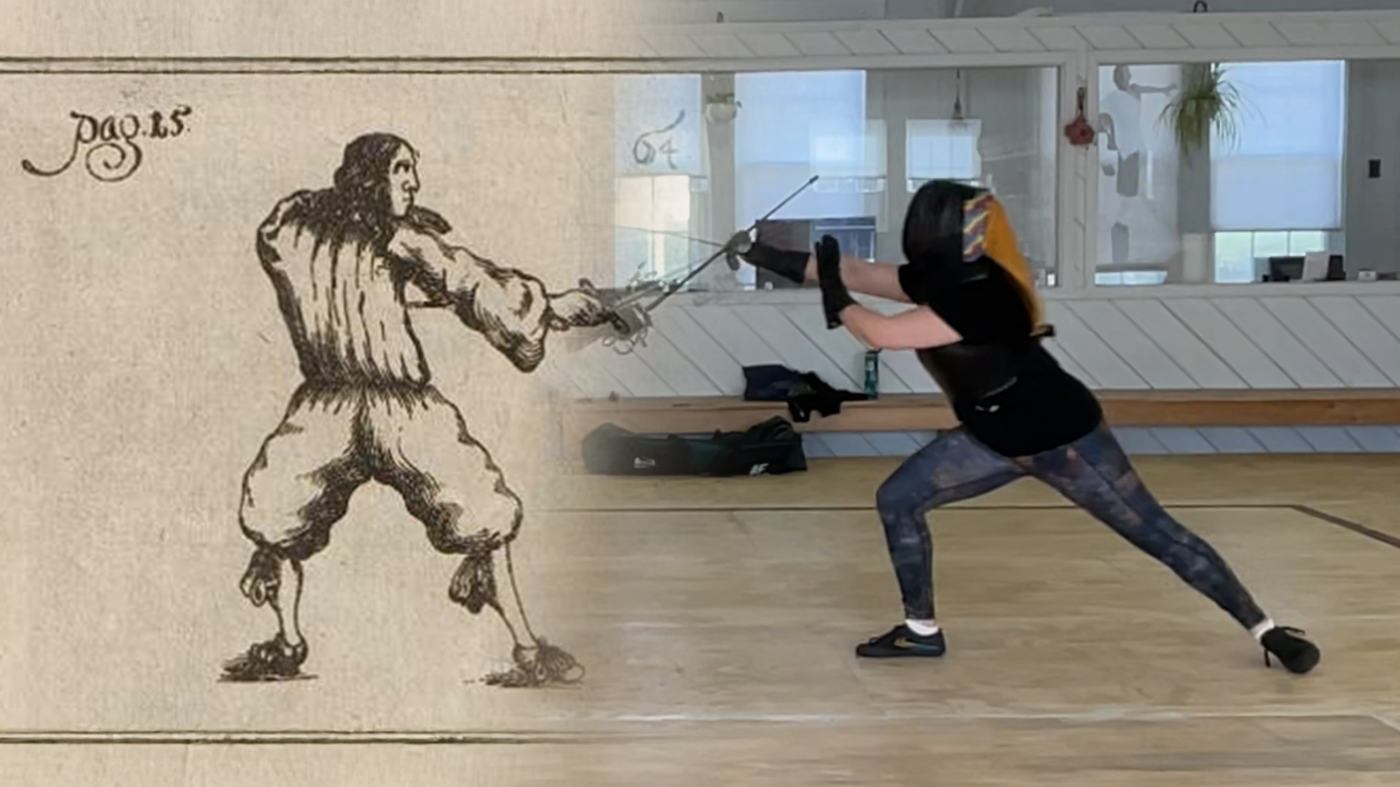 Modern historical fencing student performing a yielding glide of 2nd, superimposed over a plate of a rapier fencer from Pascha's fencing manual depicting the same